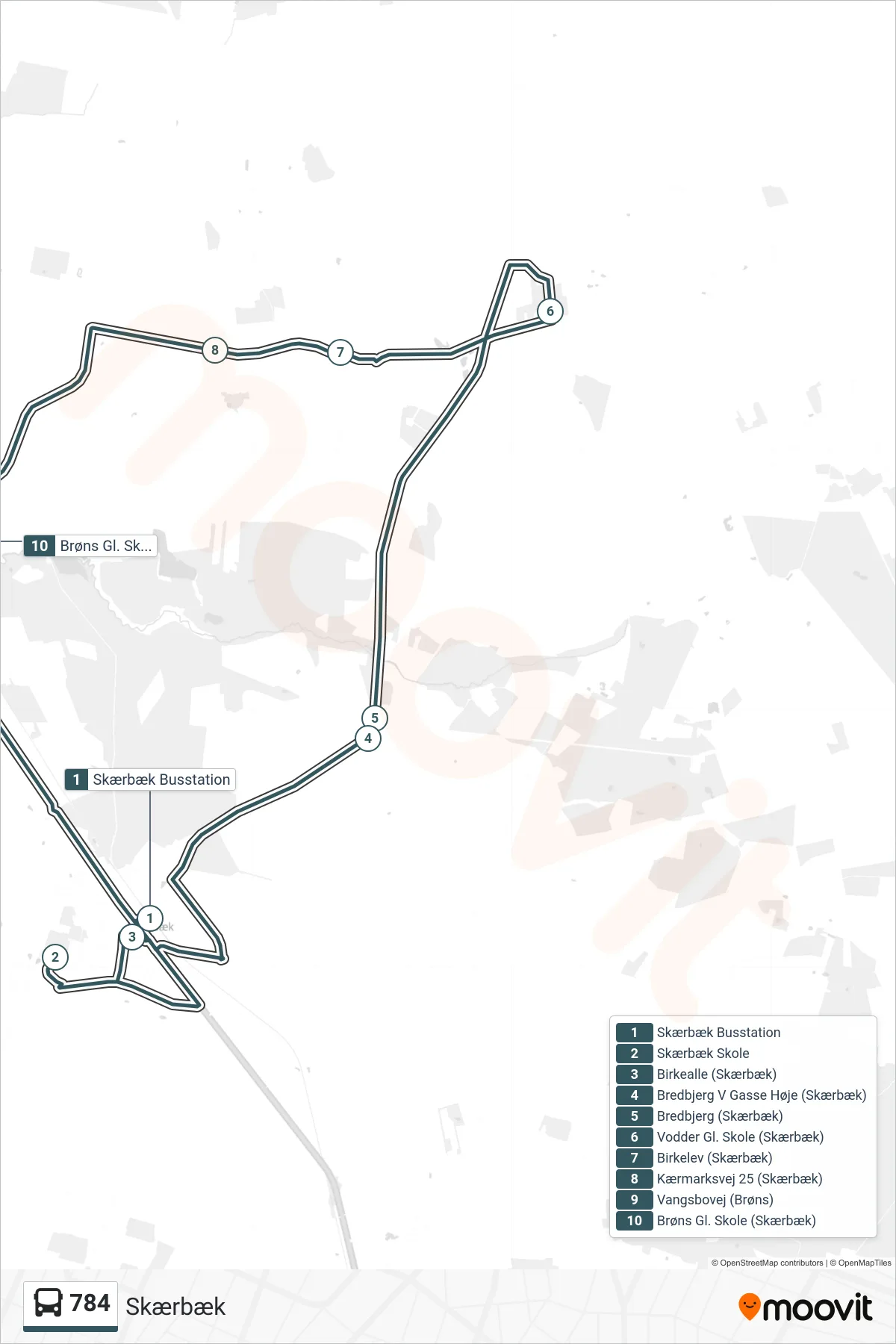 784 bus Linje (Skærbæk) rute og stop på et kort