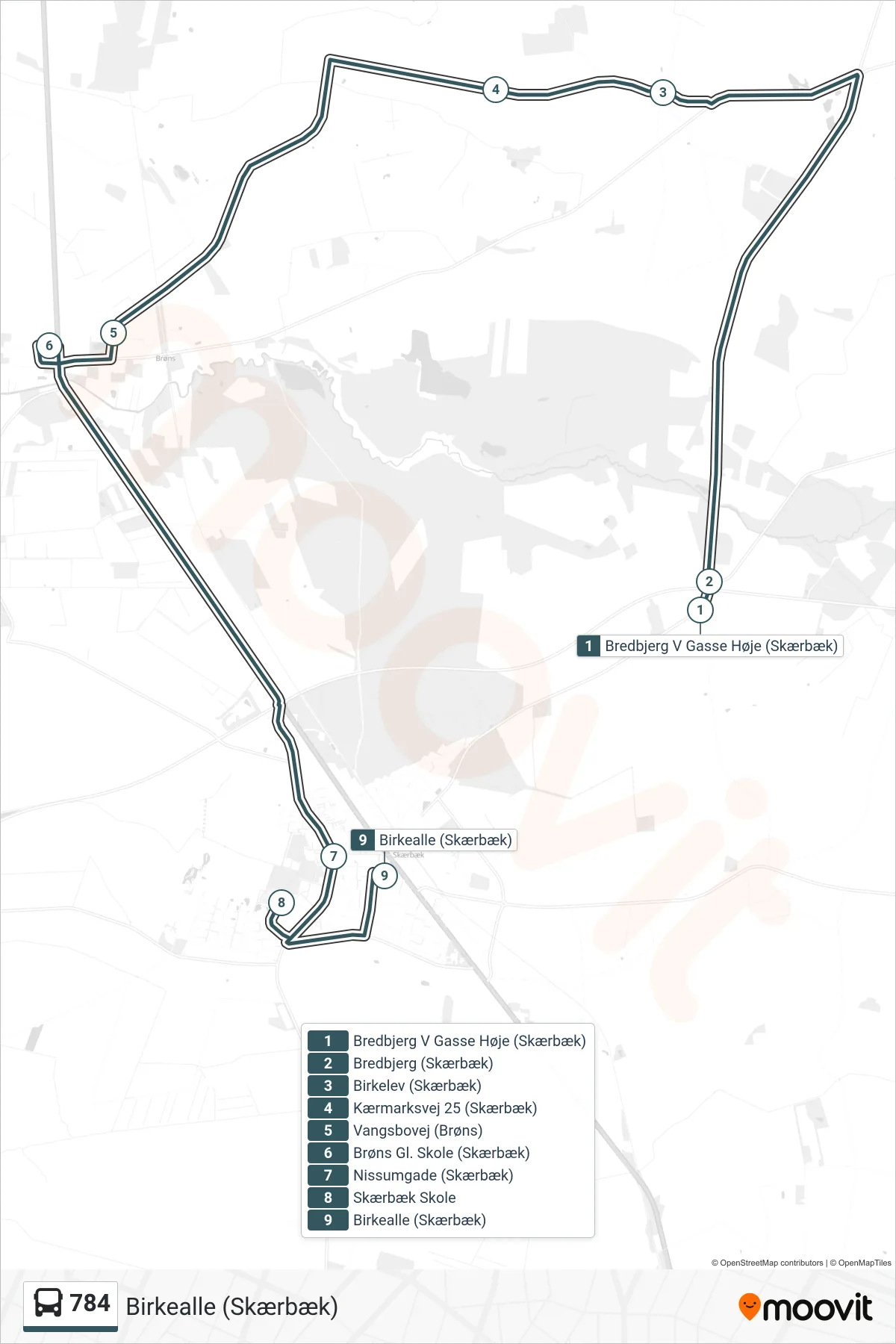 784 bus Linje (Birkealle (Skærbæk)) rute og stop på et kort