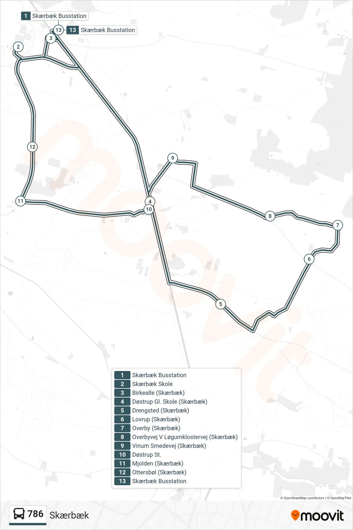 786 bus Linje (Skærbæk) rute og stop på et kort