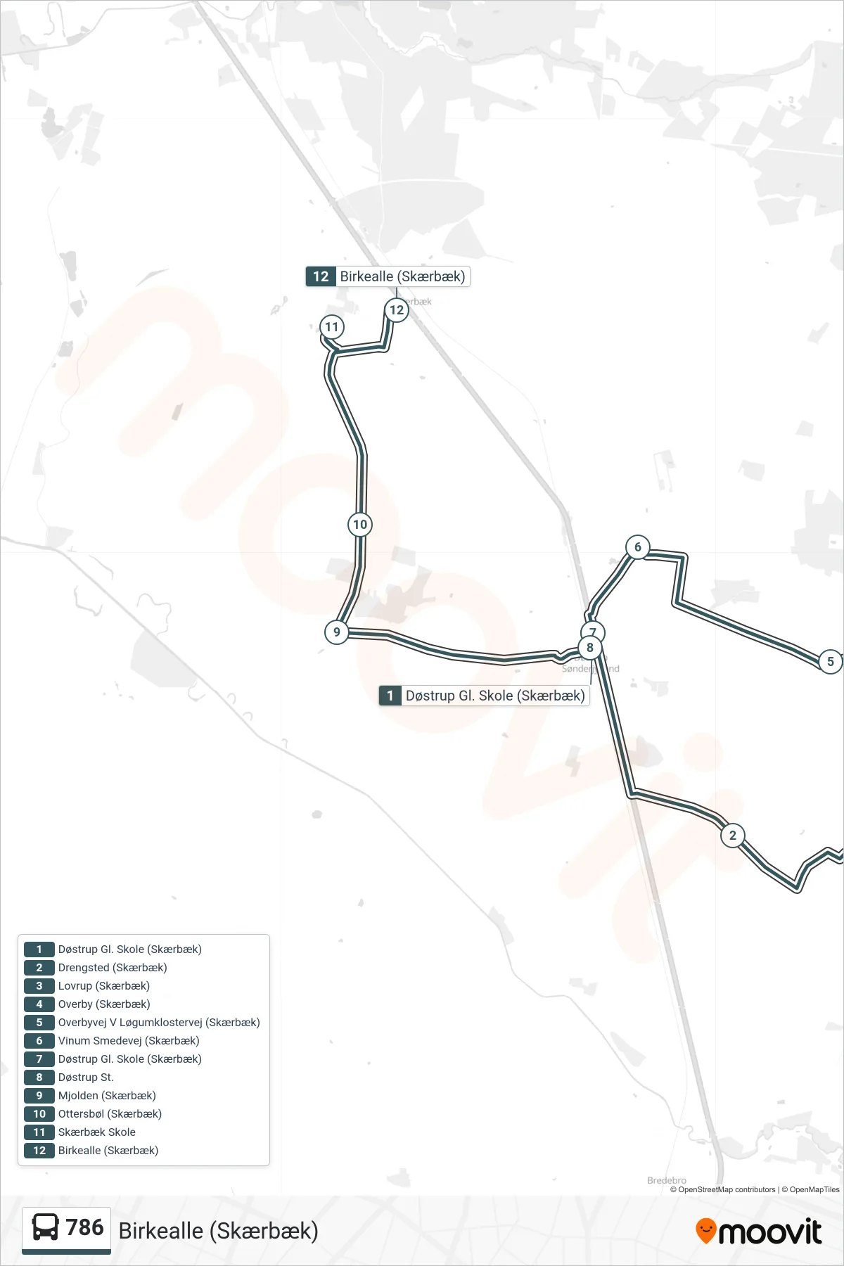 786 bus Linje (Birkealle (Skærbæk)) rute og stop på et kort