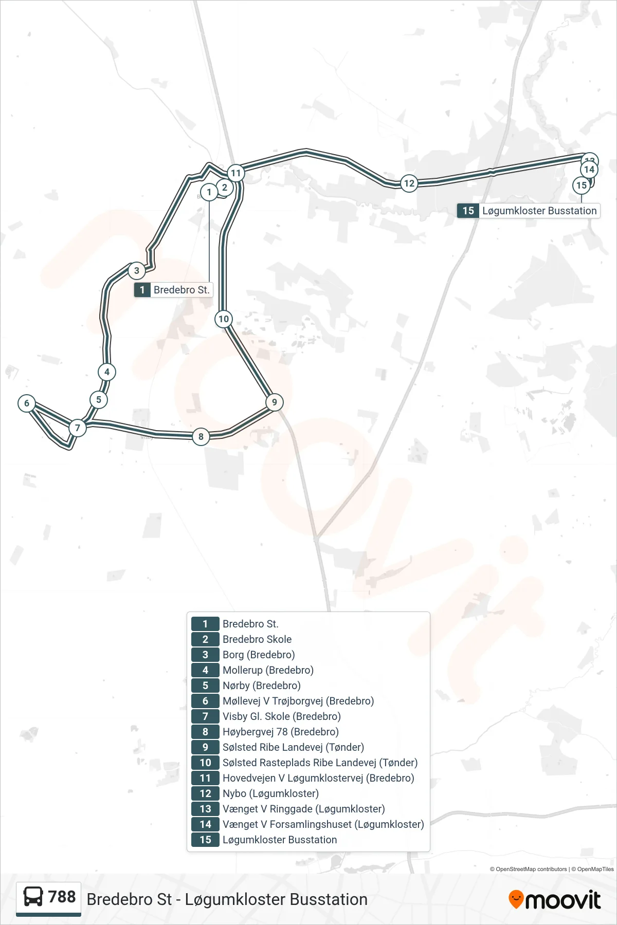 788 bus Linje (Løgumkloster Busstation) rute og stop på et kort