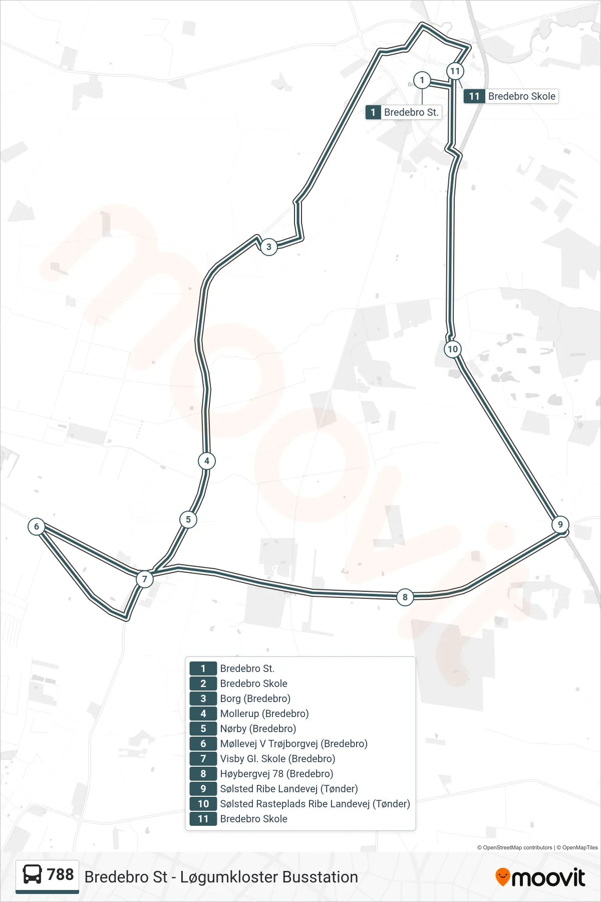 788 bus Linje (Bredebro Skole) rute og stop på et kort