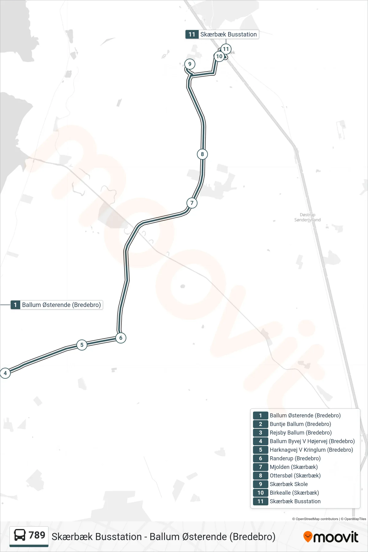 789 bus Linje (Skærbæk Busstation) rute og stop på et kort