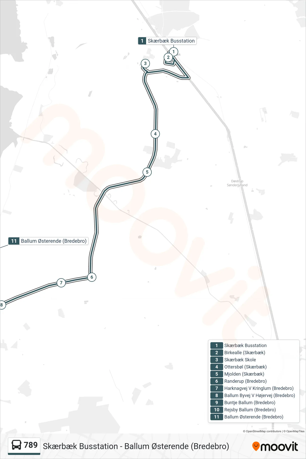 789 bus Linje (Ballum Østerende (Bredebro)) rute og stop på et kort