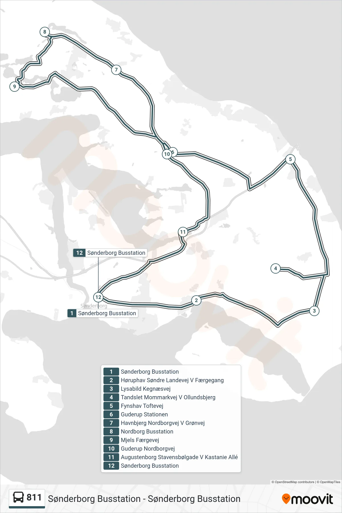 811 bus Linje (Sønderborg Busstation) rute og stop på et kort