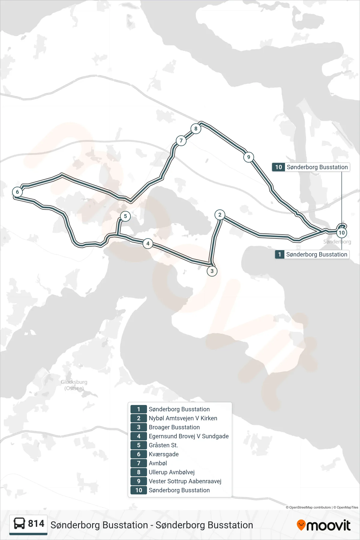 814 bus Linje (Sønderborg Busstation) rute og stop på et kort