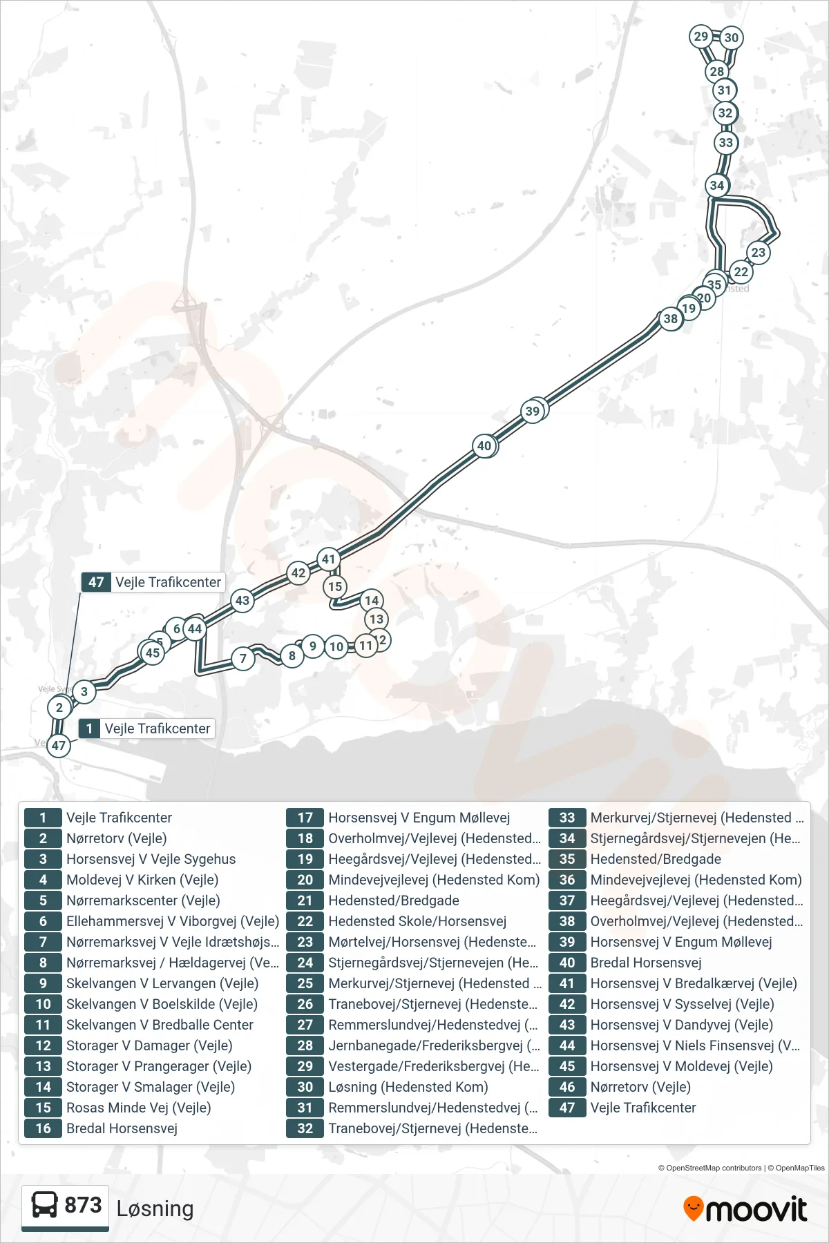 873 bus Linje (Løsning) rute og stop på et kort