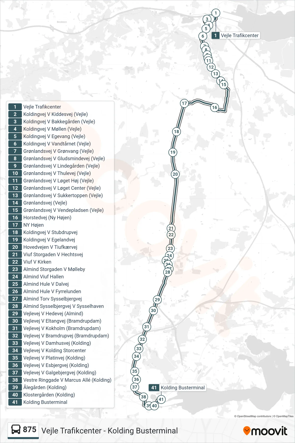 875 bus Linje (Kolding) rute og stop på et kort