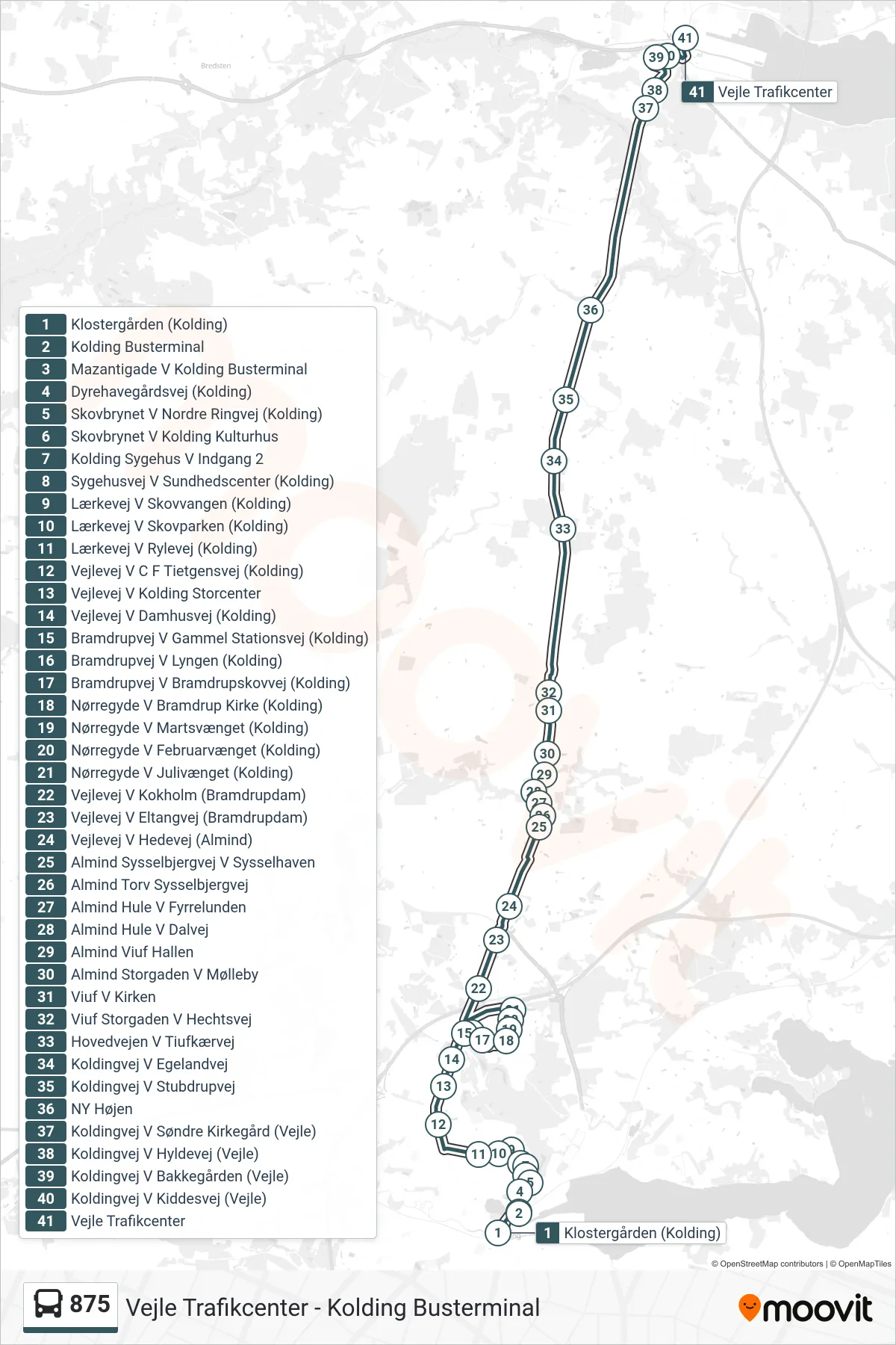 875 bus Linje (Vejle) rute og stop på et kort
