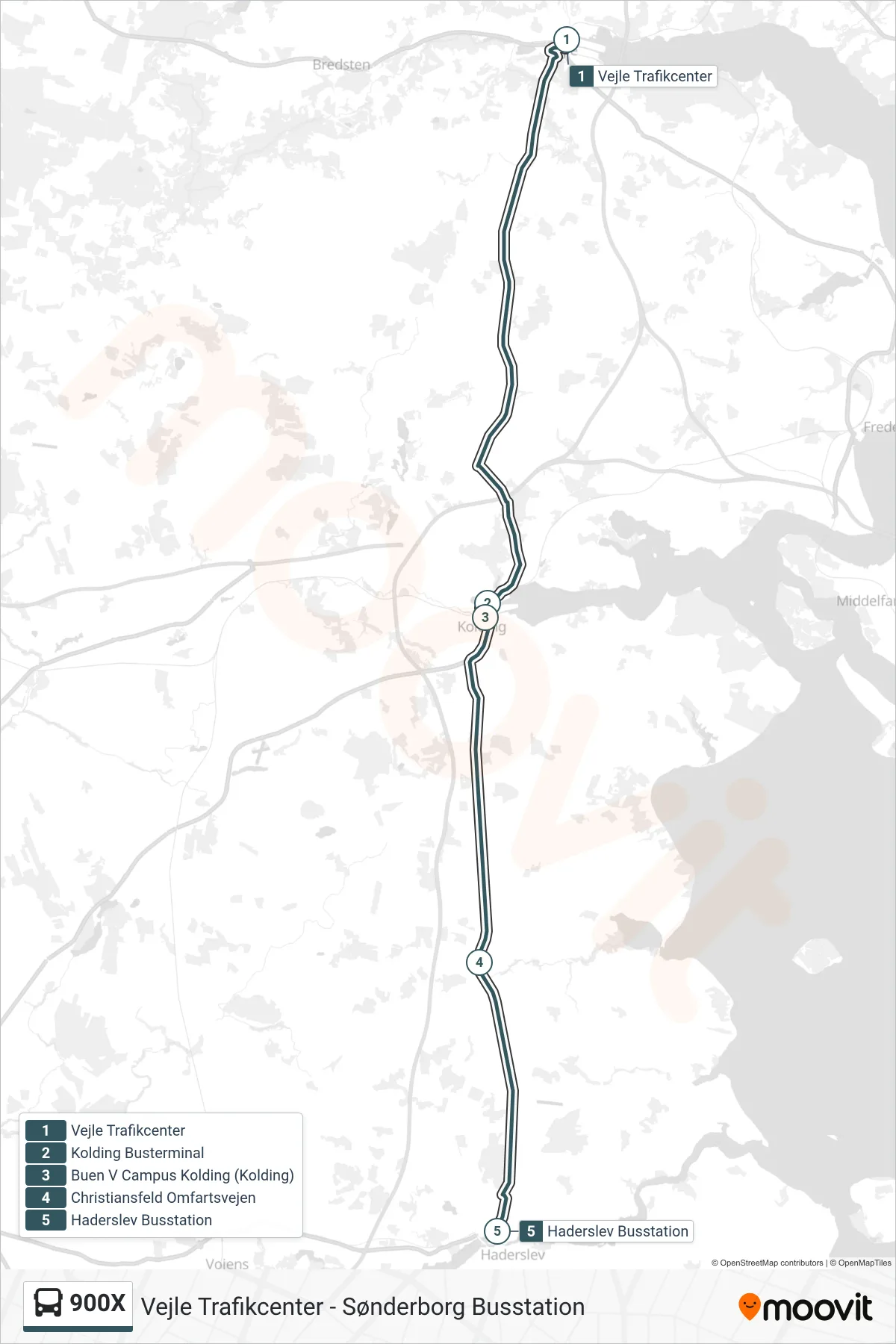 900X bus Linje (Haderslev) rute og stop på et kort