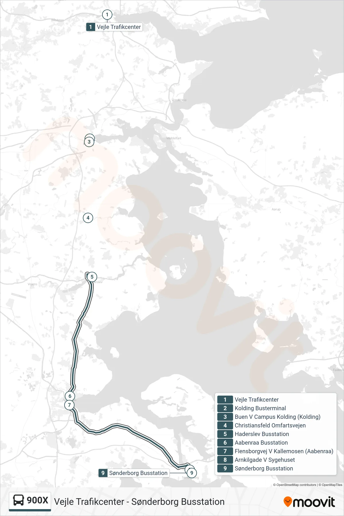 900X bus Linje (Sønderborg) rute og stop på et kort