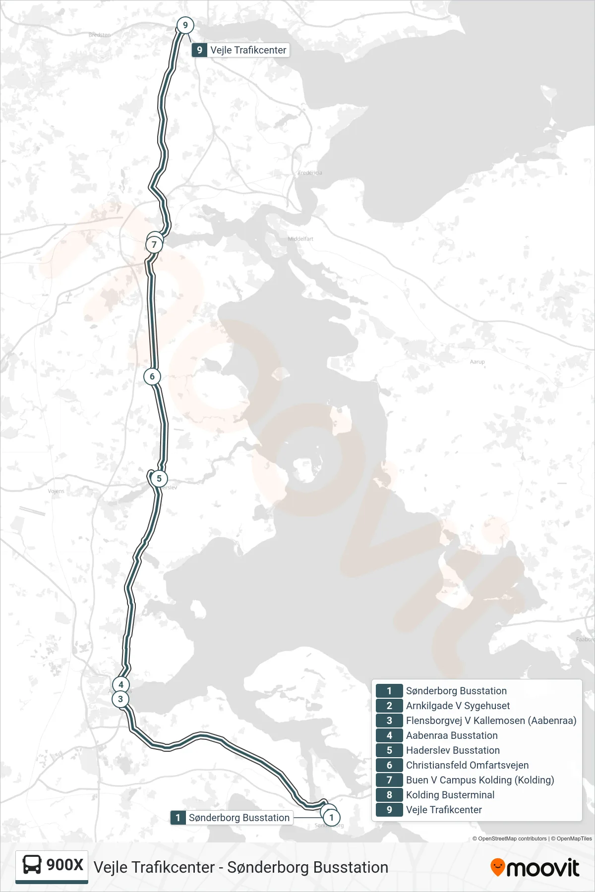 900X bus Linje (Vejle) rute og stop på et kort