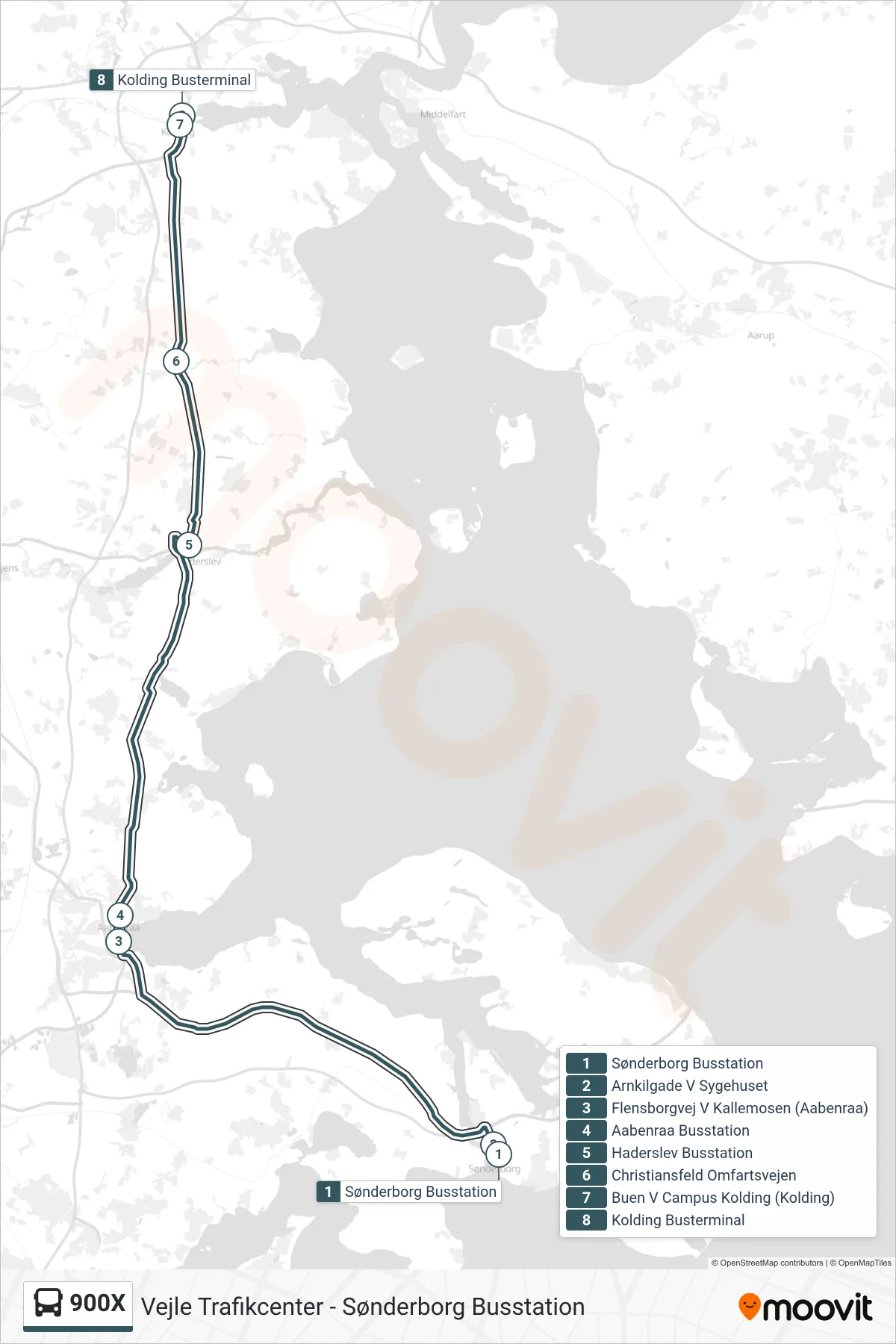 900X bus Linje (Kolding) rute og stop på et kort