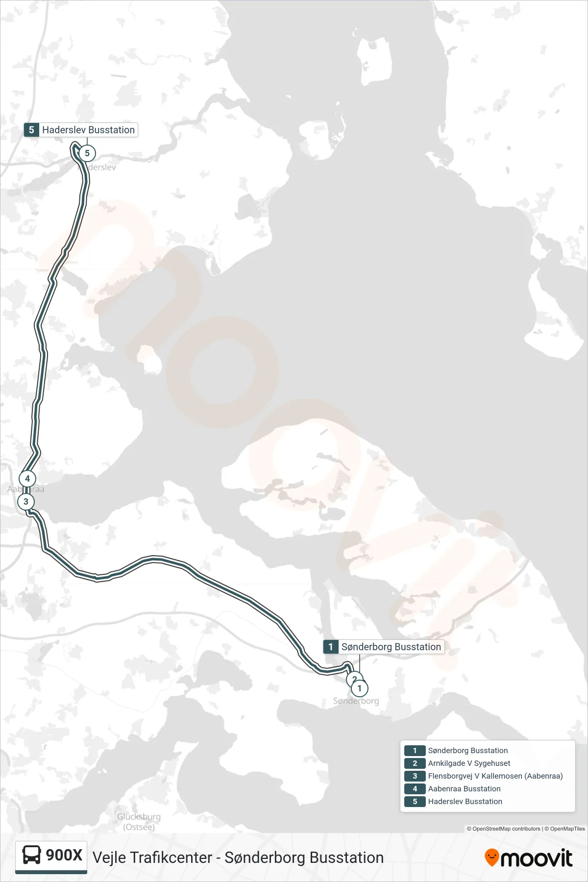 900X bus Linje (Haderslev) rute og stop på et kort