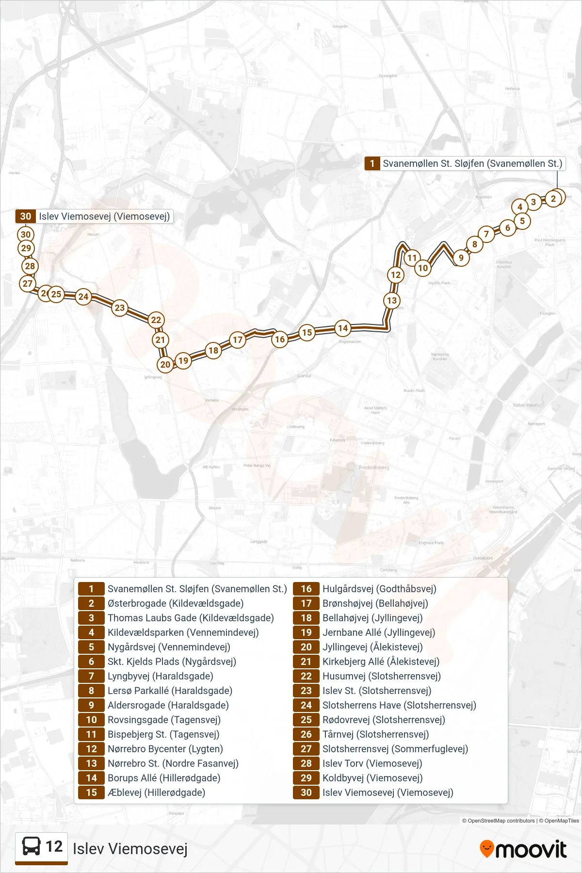 12 bus Linje (Islev Viemosevej) rute og stop på et kort
