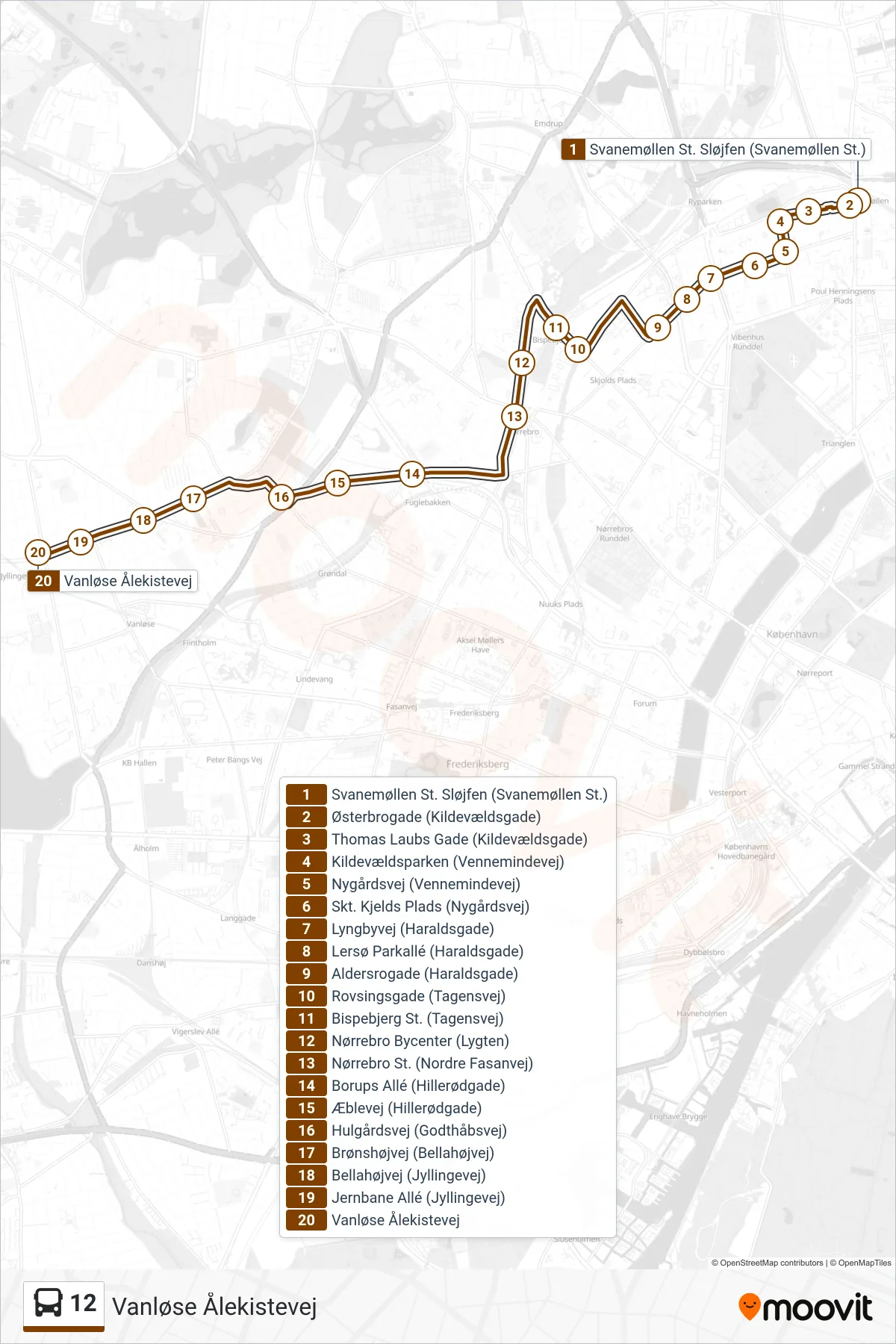 12 bus Line (Vanløse Ålekistevej) route and stops on a map