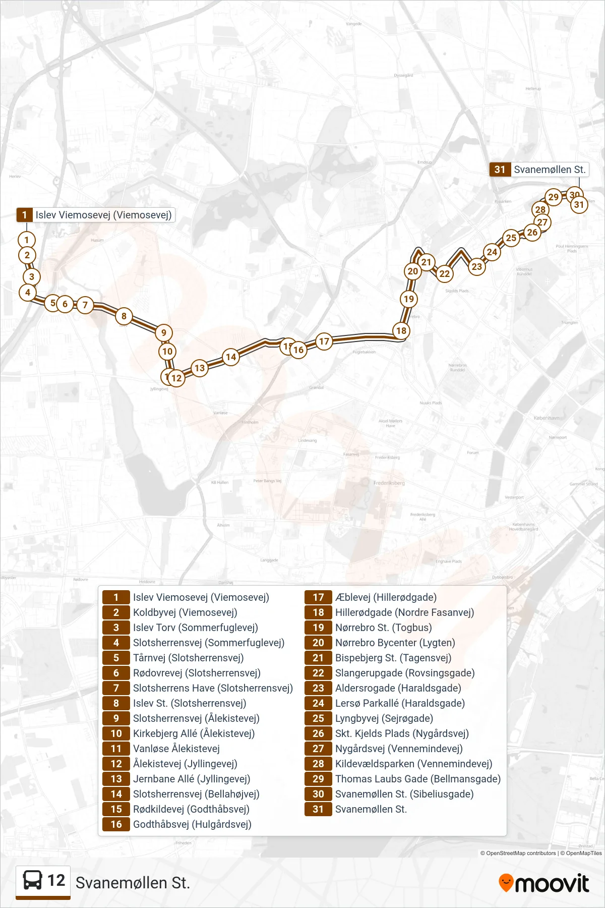 12 bus Linje (Svanemøllen St.) rute og stop på et kort