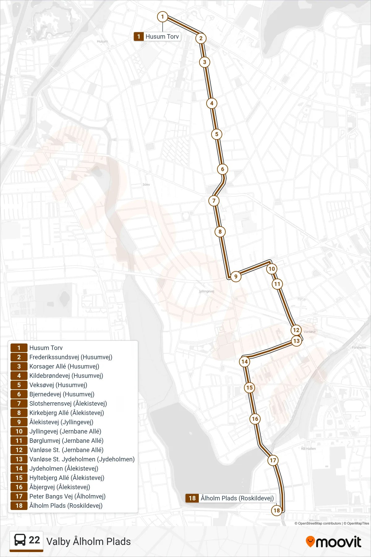 22 bus Linje (Valby Ålholm Plads) rute og stop på et kort