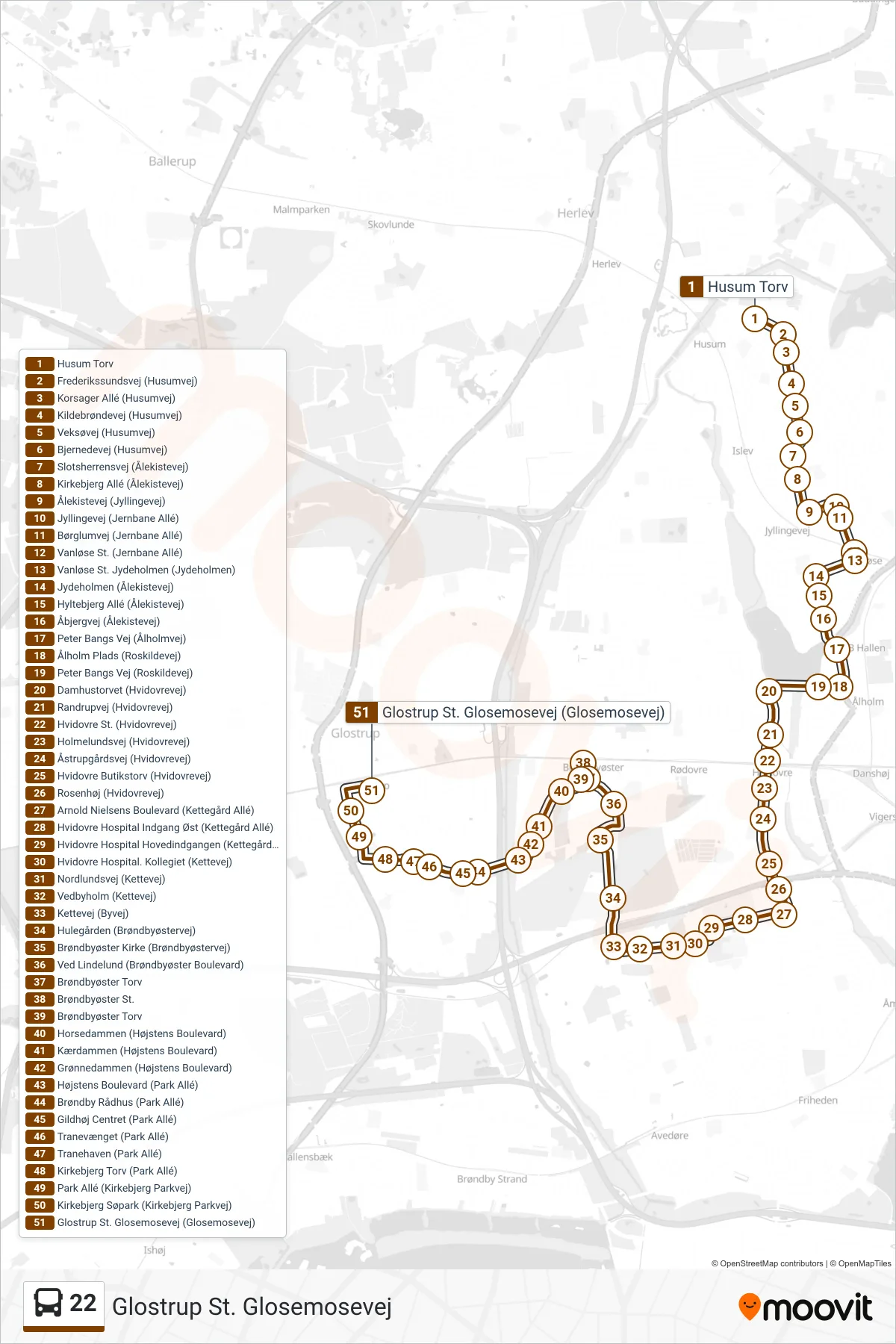 22 bus Linje (Glostrup St. Glosemosevej) rute og stop på et kort