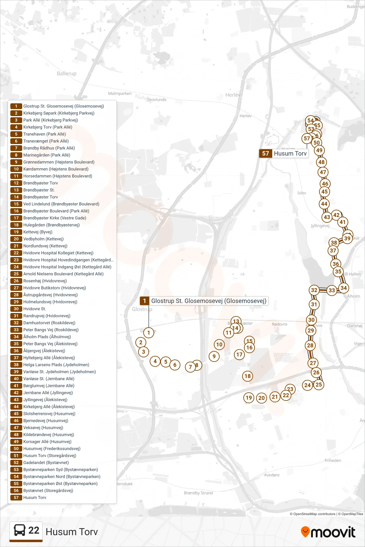 22 bus Linje (Husum Torv) rute og stop på et kort