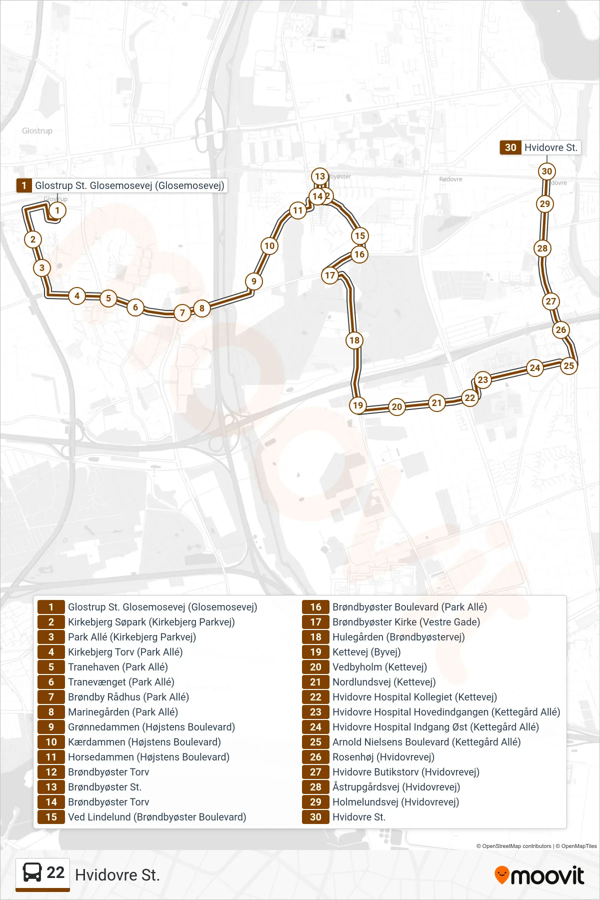 22 bus Line (Hvidovre St.) route and stops on a map
