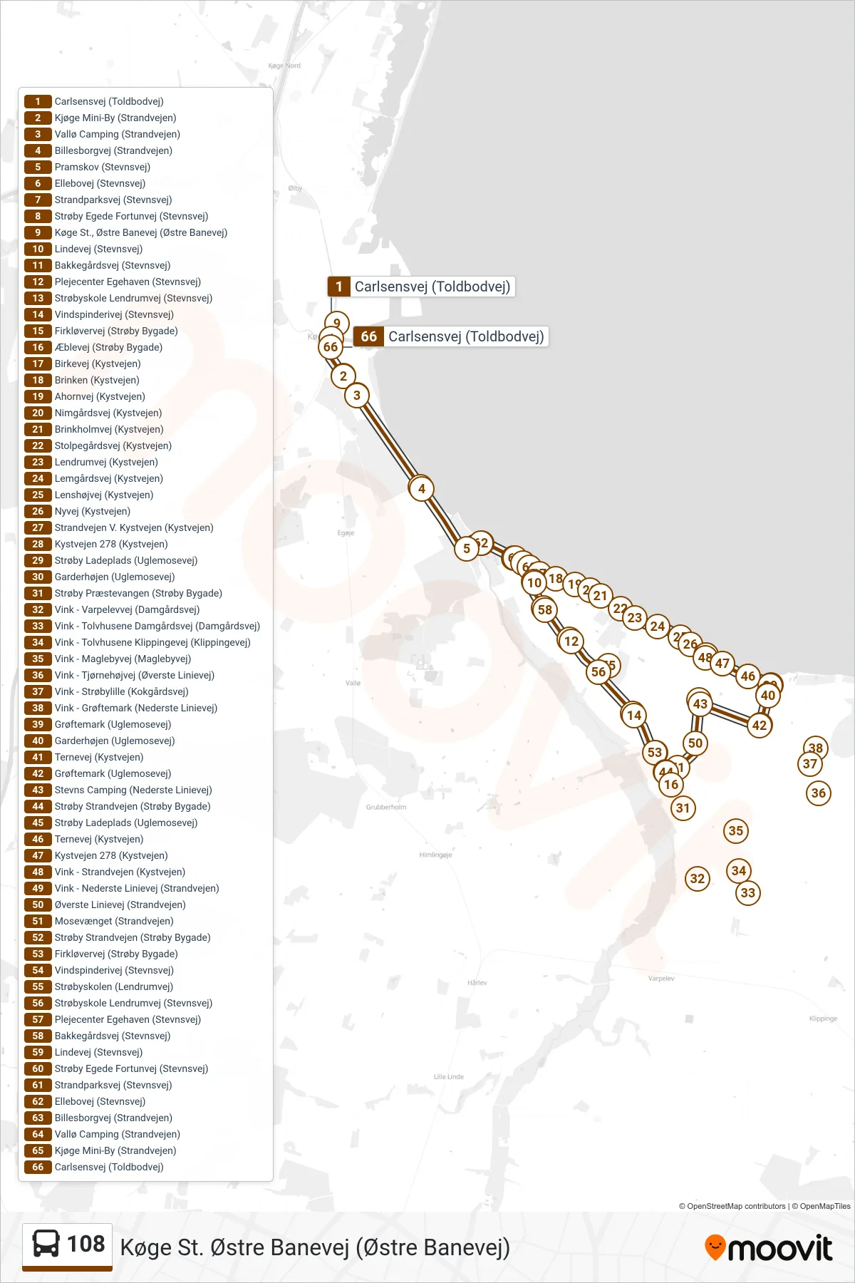 108 bus Linje (Køge St. Østre Banevej (Østre Banevej)) rute og stop på et kort