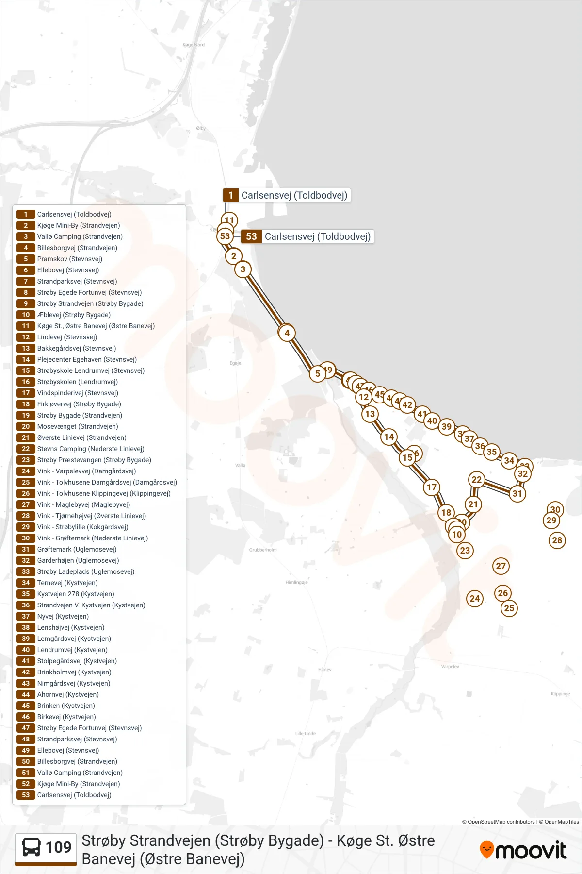 109 bus Linje (Køge St. Østre Banevej (Østre Banevej)) rute og stop på et kort