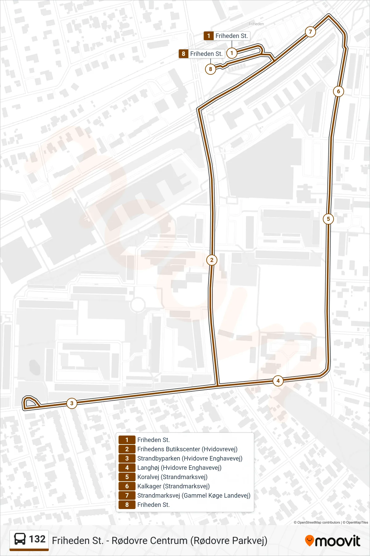 132 bus Linje (Friheden St. Via Strandbyparken) rute og stop på et kort