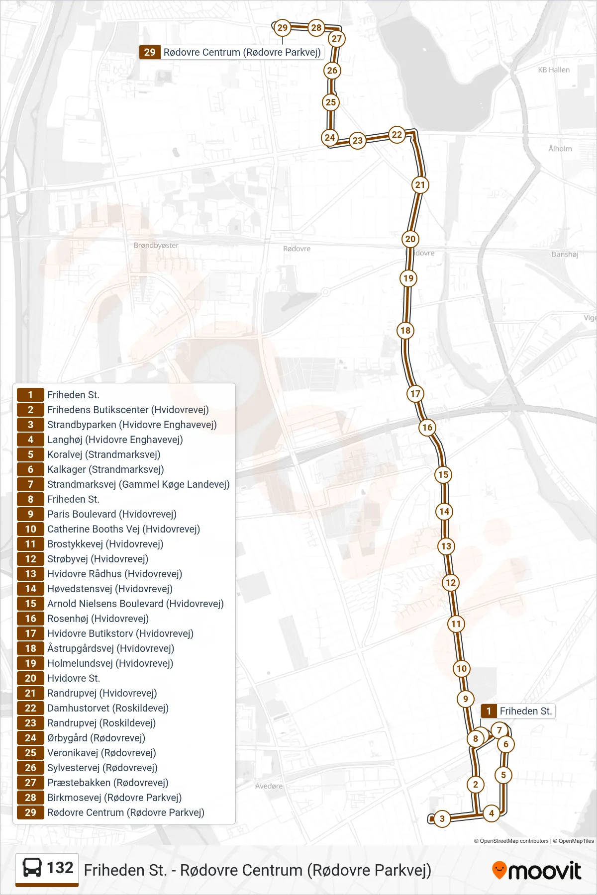 132 bus Line (Rødovre Centrum) route and stops on a map