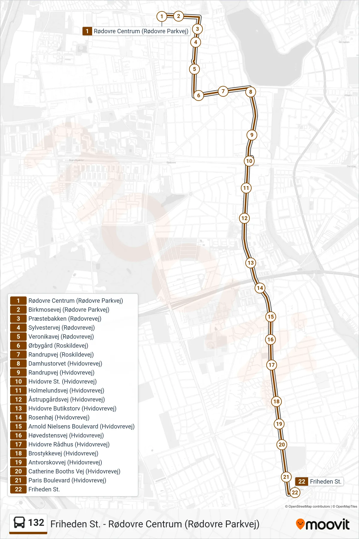 132 bus Linje (Friheden St.) rute og stop på et kort