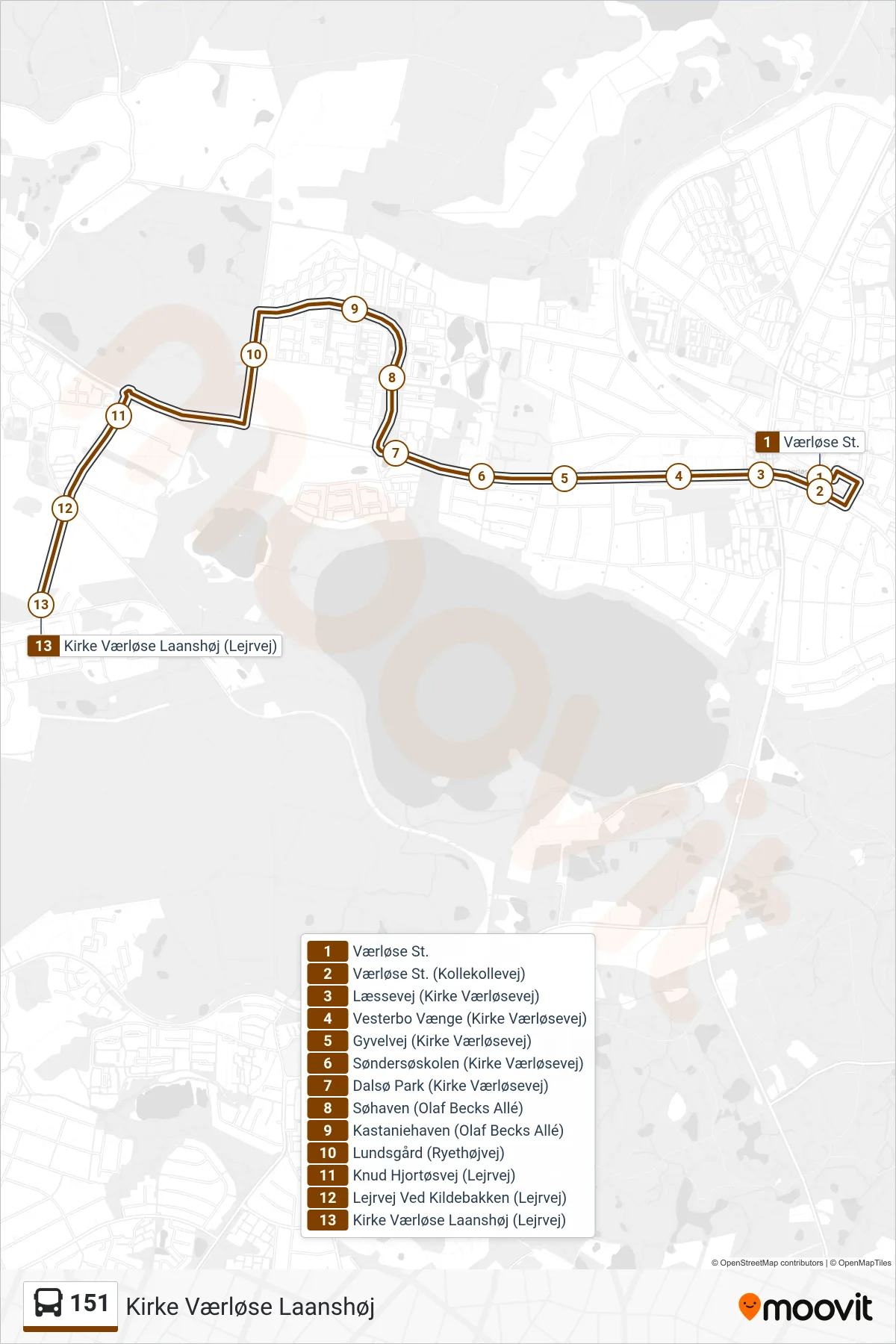 151 bus Linje (Kirke Værløse Laanshøj) rute og stop på et kort