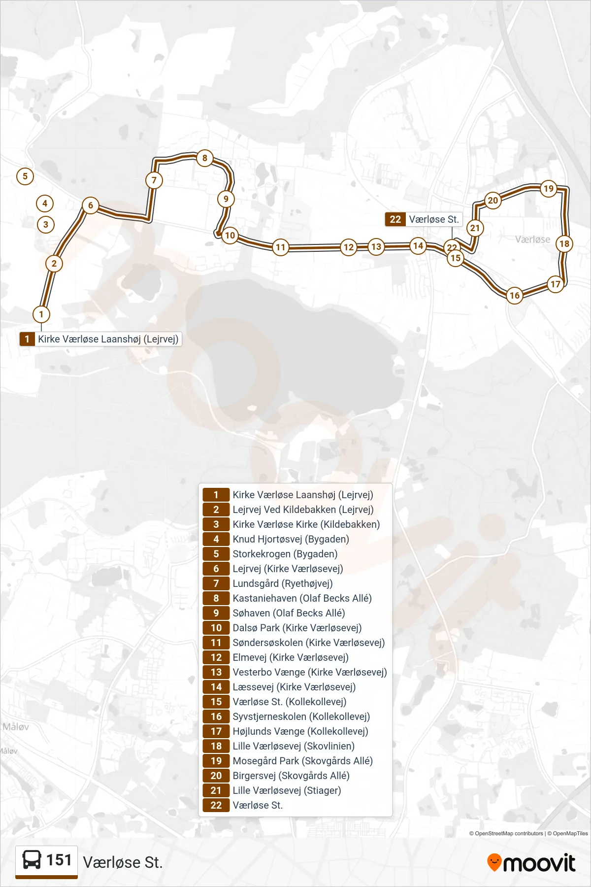 151 bus Linje (Værløse St.) rute og stop på et kort