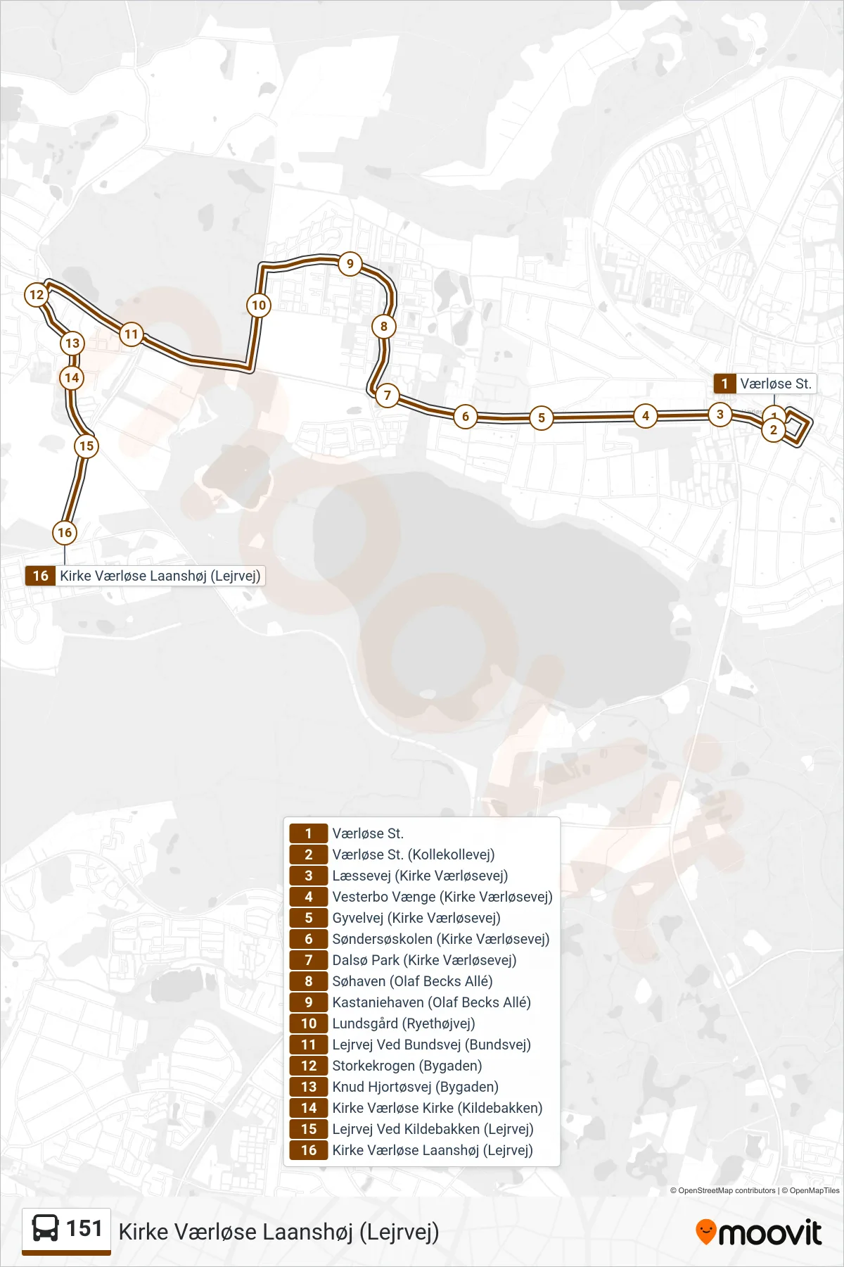 151 bus Linje (Kirke Værløse Laanshøj (Lejrvej)) rute og stop på et kort