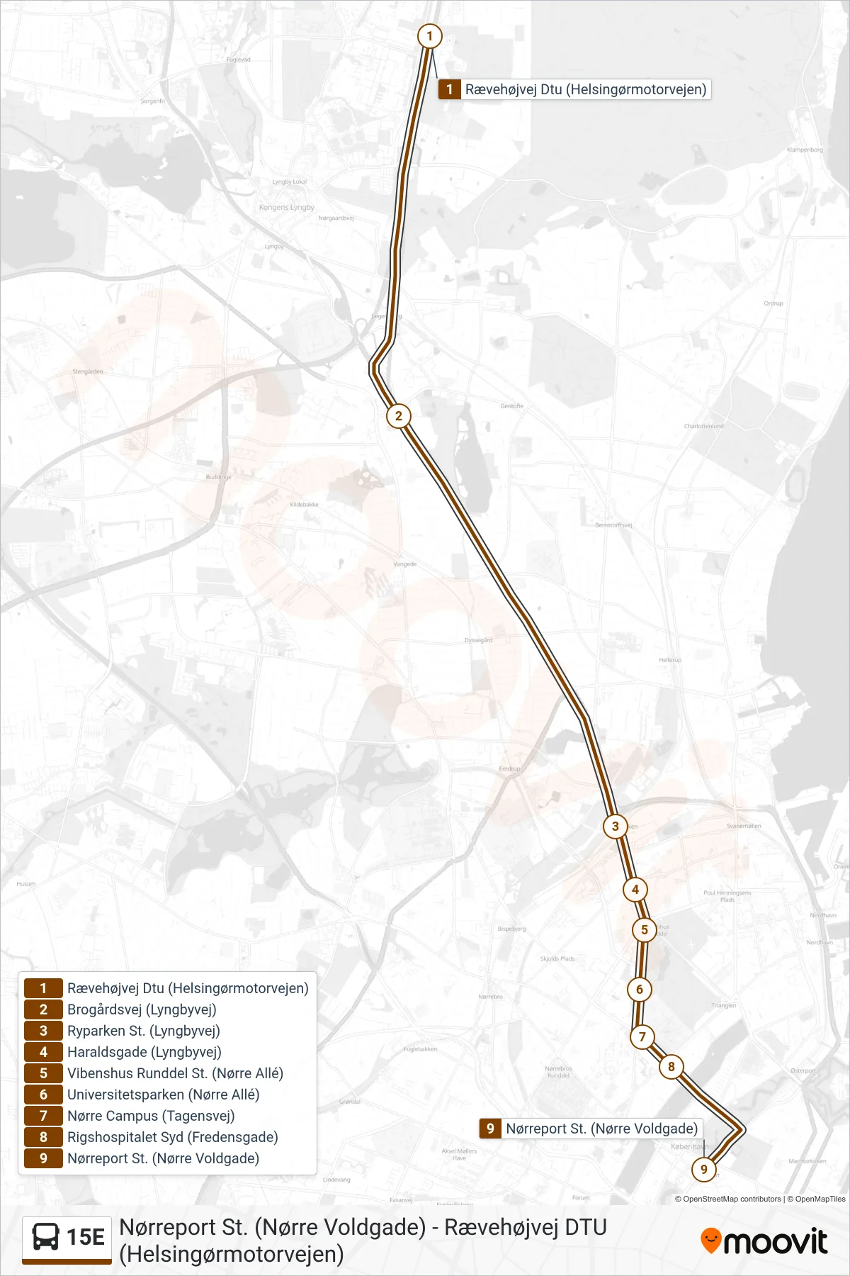 15E bus Linje (Nørreport St.) rute og stop på et kort