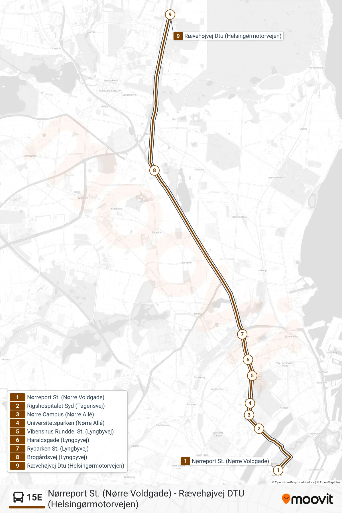 15E bus Line (Rævehøjvej Dtu) route and stops on a map