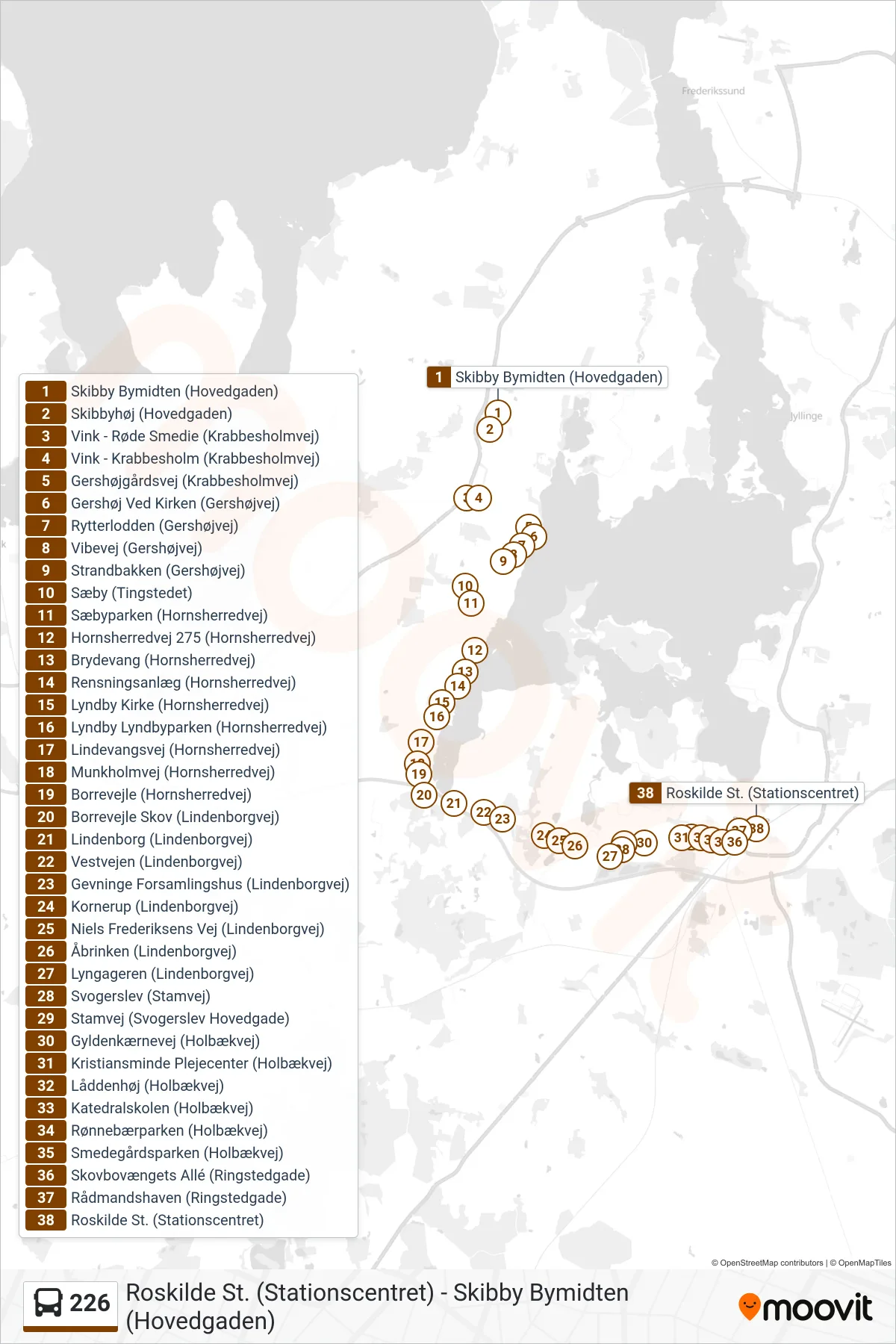 226 bus Linje (Roskilde St.) rute og stop på et kort