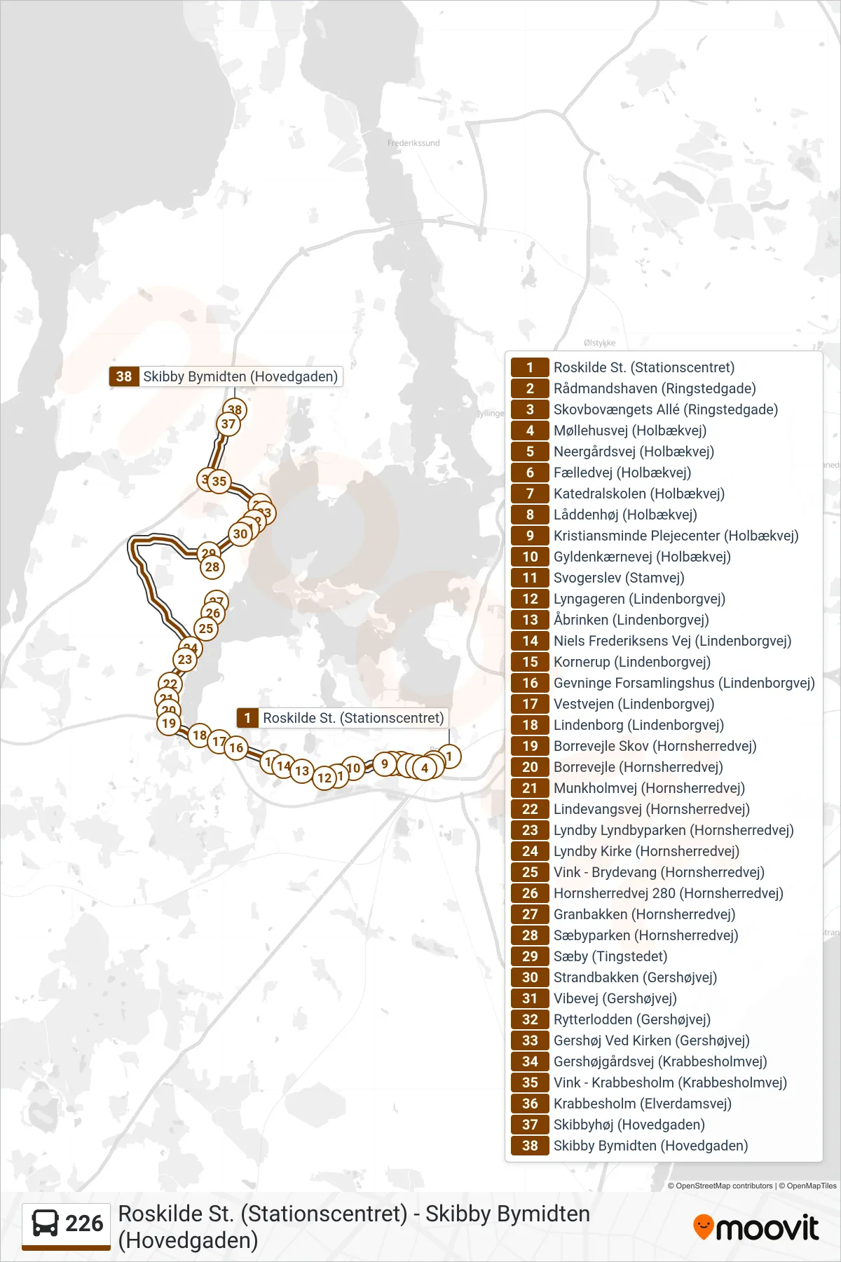 226 bus Linje (Skibby) rute og stop på et kort
