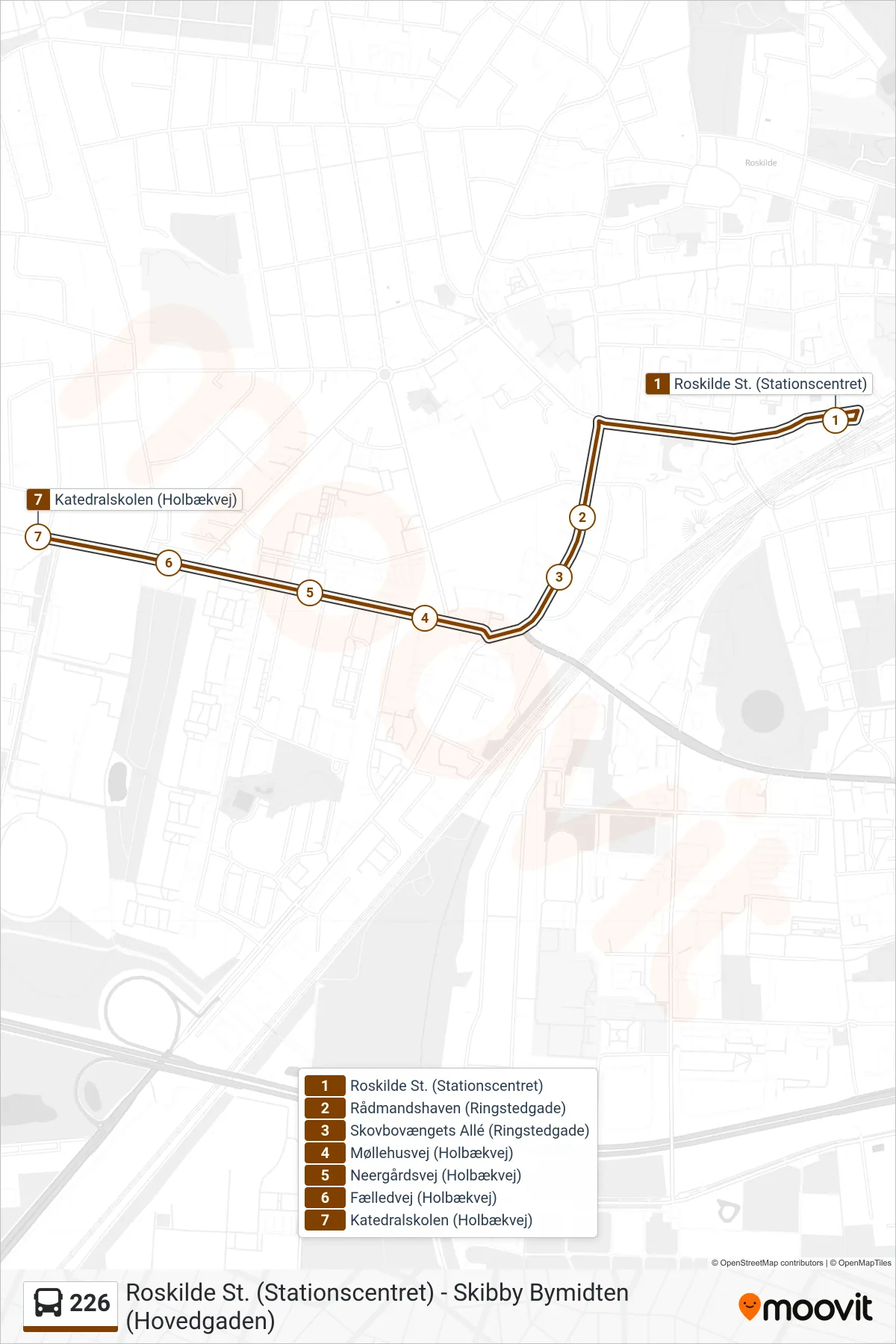 226 bus Linje (Katedralskolen) rute og stop på et kort