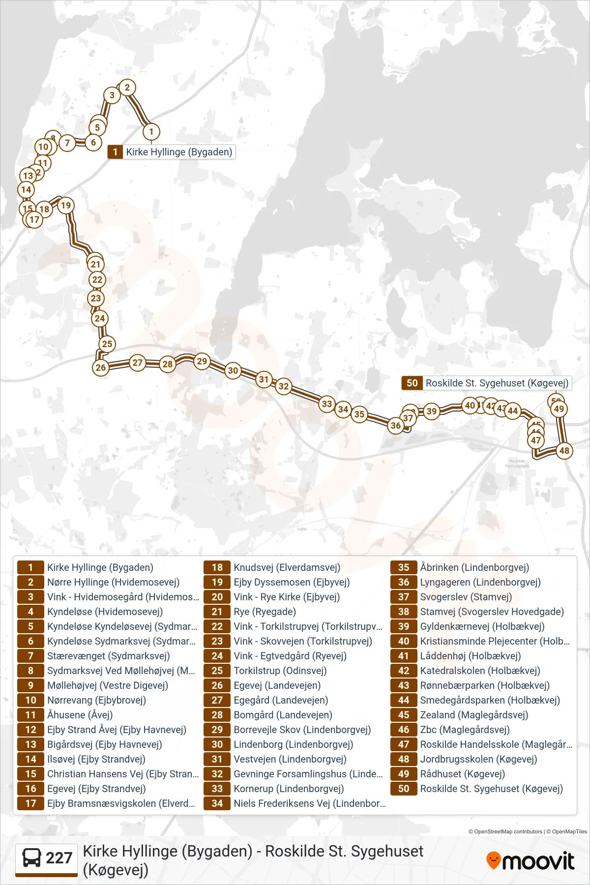 227 bus Linje (Roskilde St. Sygehuset) rute og stop på et kort