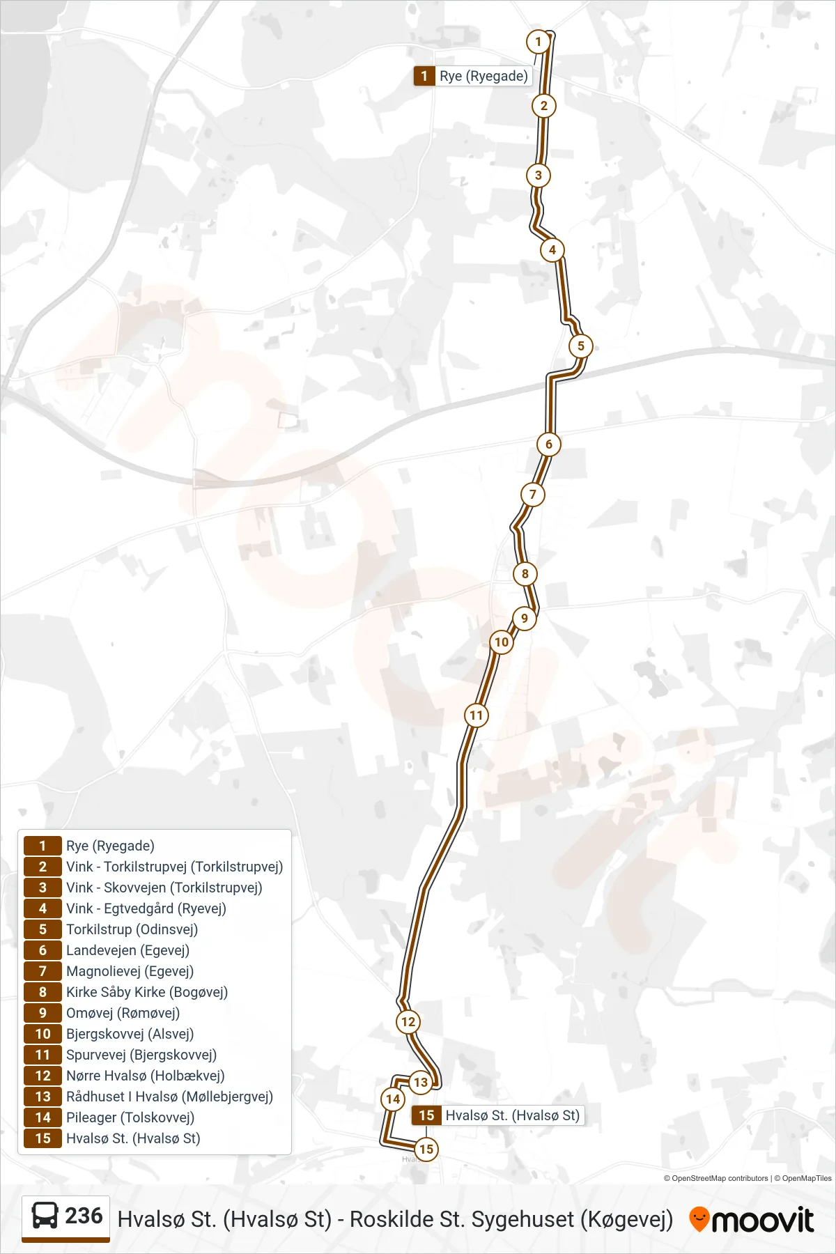 236 bus Linje (Hvalsø St.) rute og stop på et kort