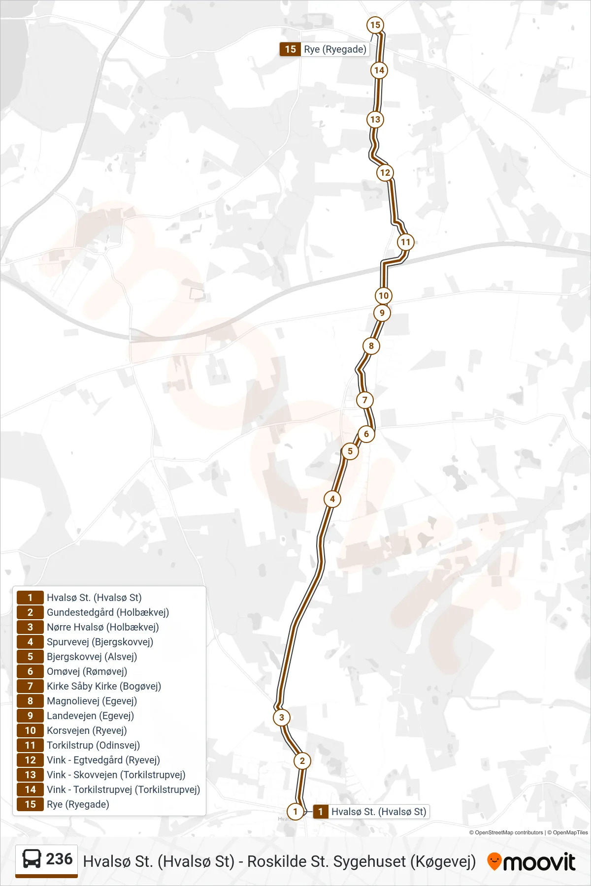 236 bus Linje (Rye) rute og stop på et kort