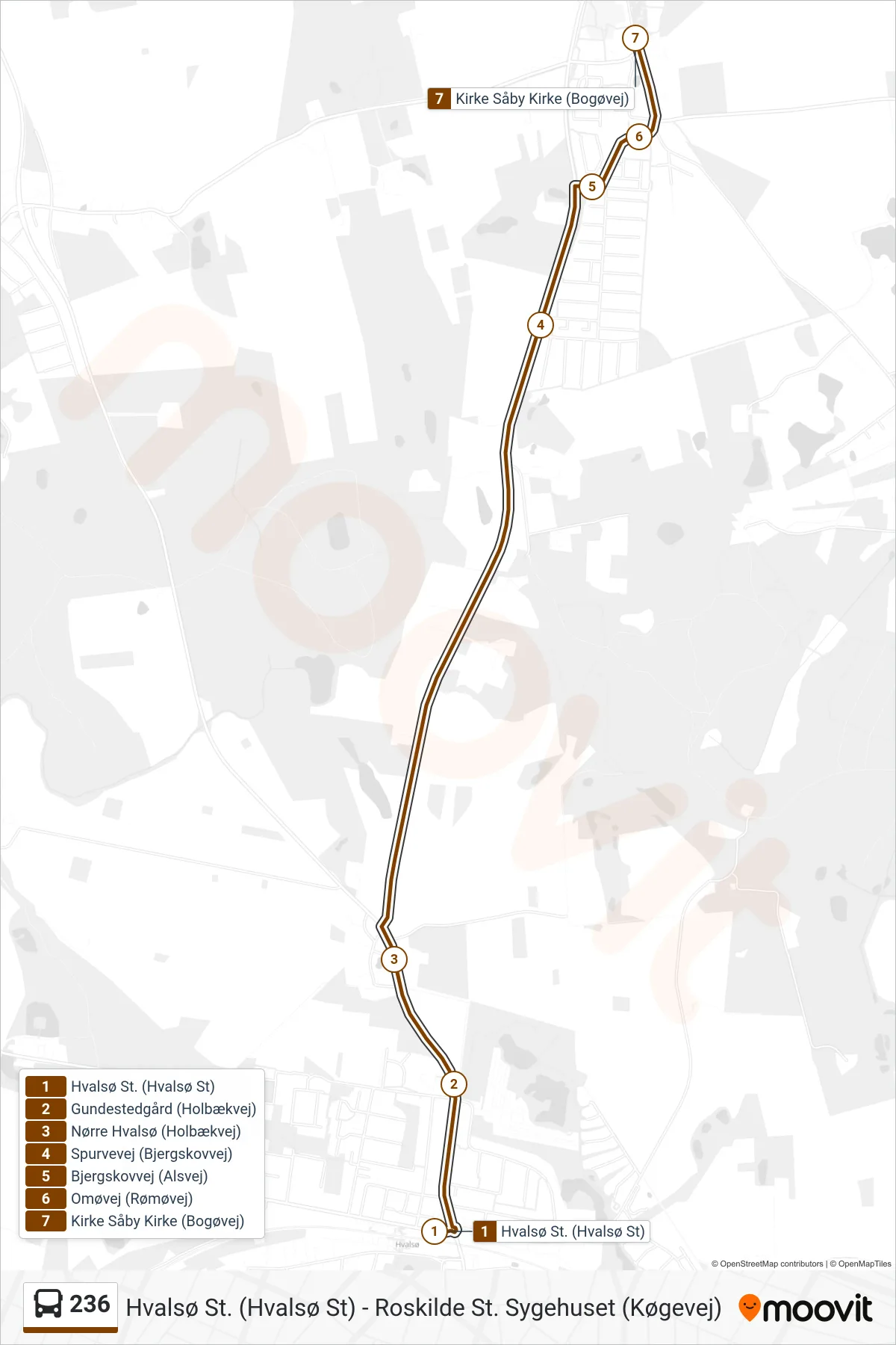 236 bus Linje (Kirke Såby Kirke) rute og stop på et kort