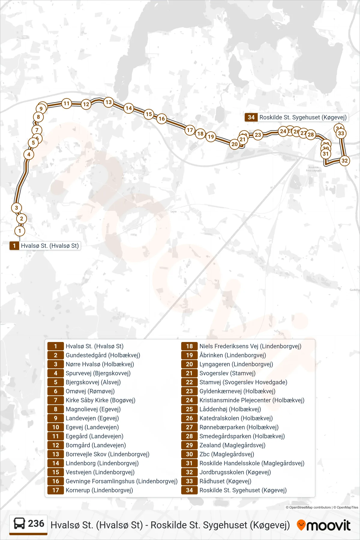 236 bus Line (Roskilde St. Sygehuset) route and stops on a map