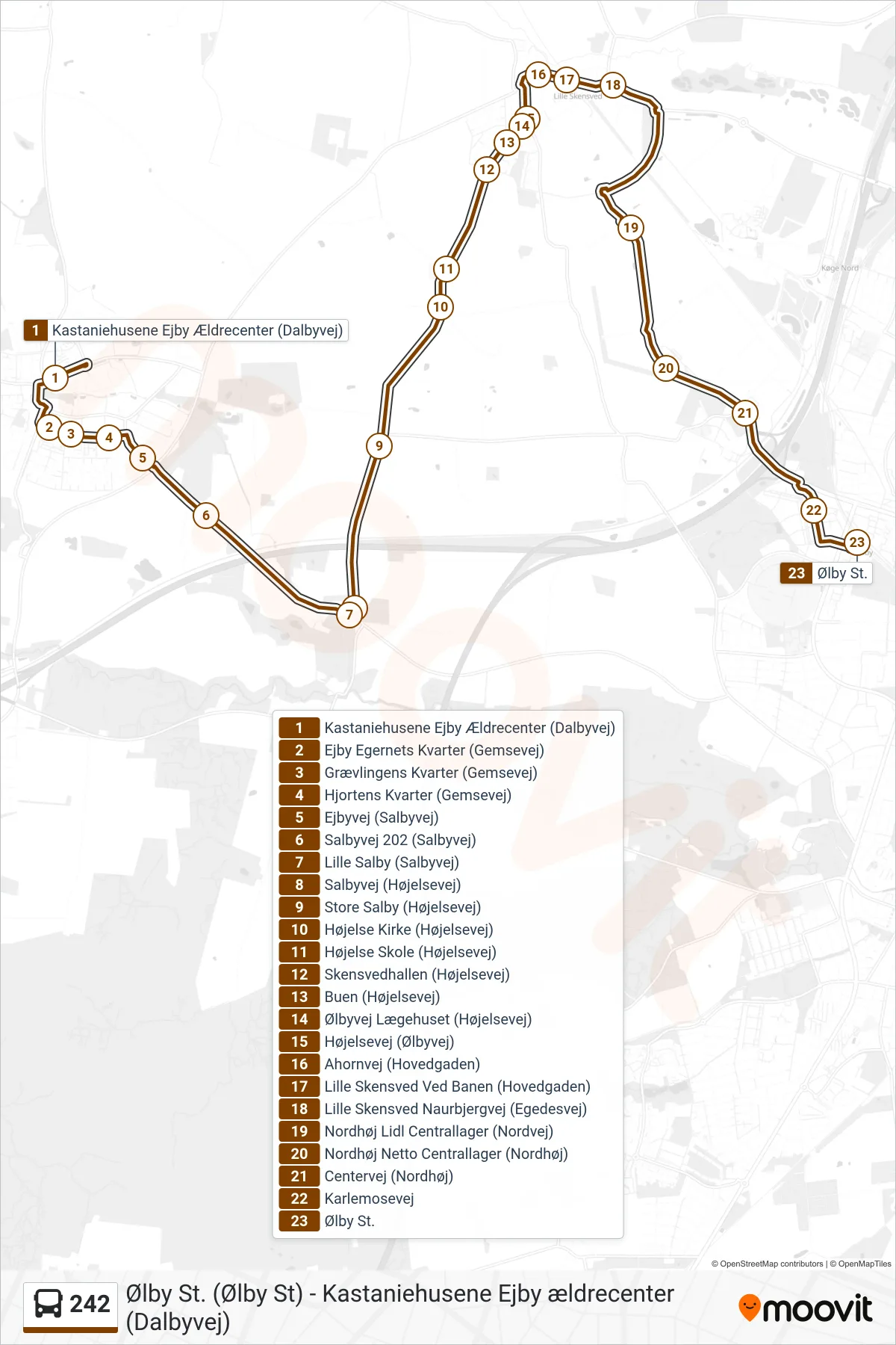 242 bus Linje (Ølby St.) rute og stop på et kort