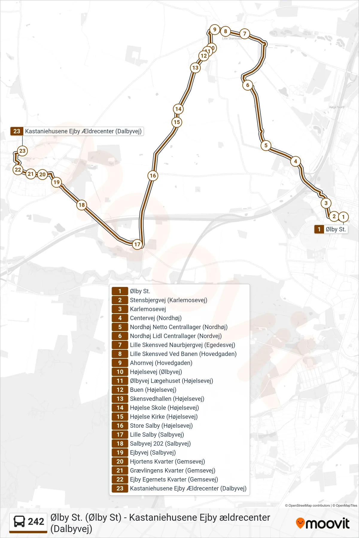 242 bus Line (Ejby Fuglevænget.) route and stops on a map