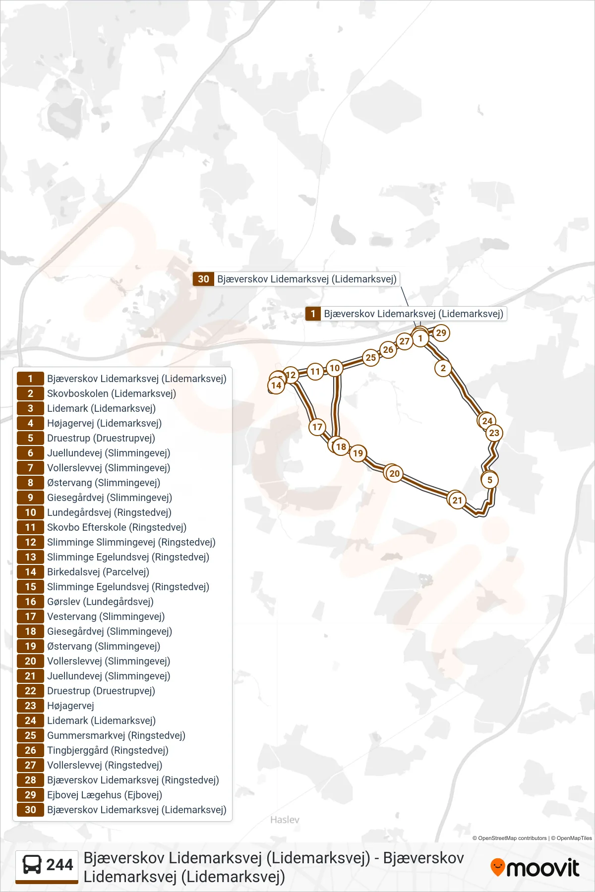 244 bus Linje (Bjæverskov) rute og stop på et kort
