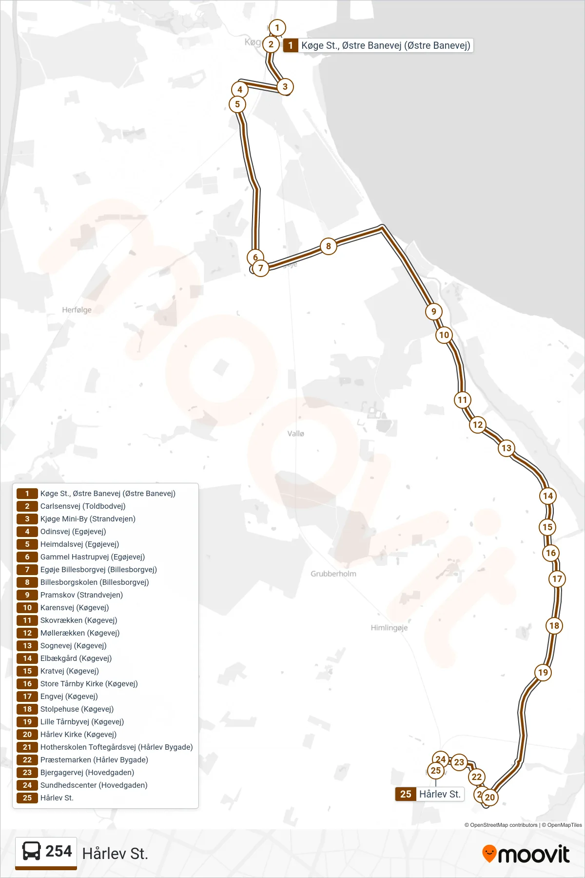 254 bus Linje (Hårlev St.) rute og stop på et kort