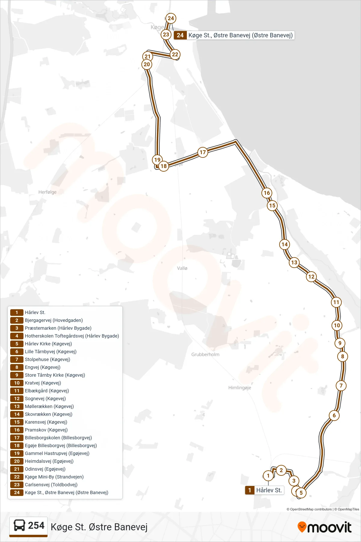 254 bus Linje (Køge St. Østre Banevej) rute og stop på et kort