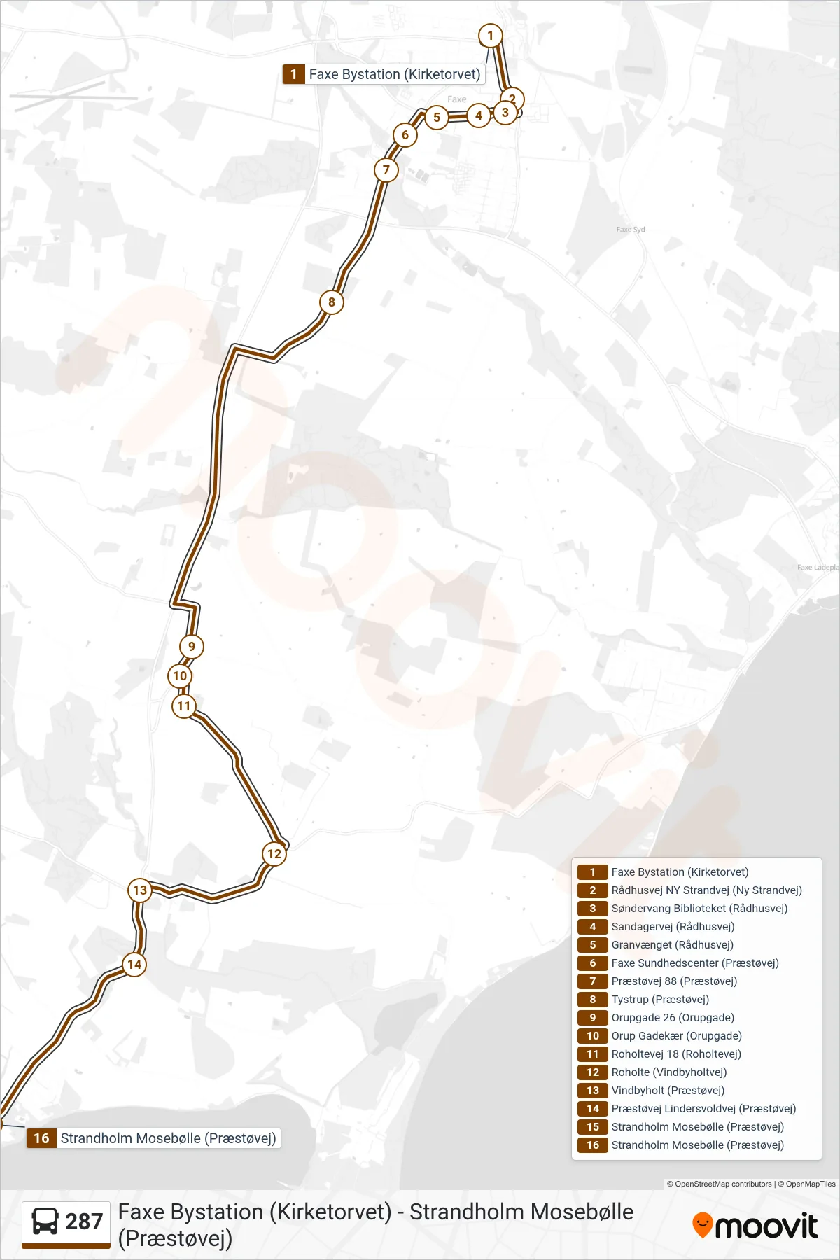 287 bus Linje (Mosebølle) rute og stop på et kort