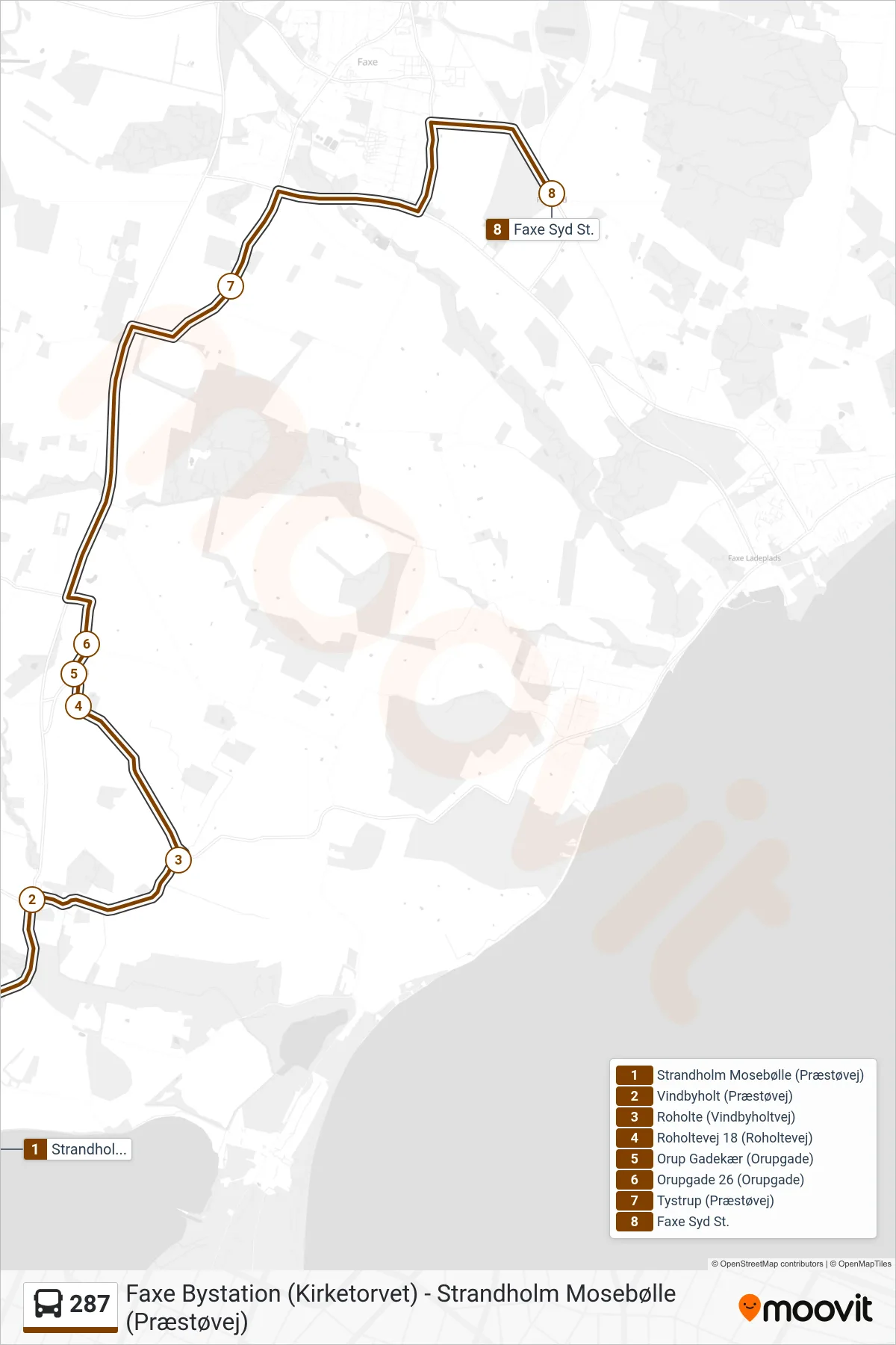 287 bus Linje (Faxe Syd St.) rute og stop på et kort